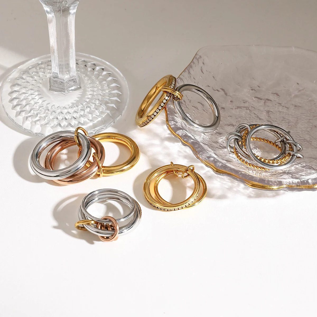 Punk Gold silver Mix Color Stackable Rings Non Tarnish 18k Gold Plated Multi -link Connected CZ Zircon Ring Set Dainty Jewelry 250417