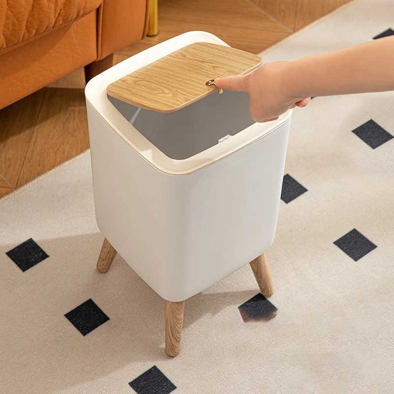 1 Piece High Clamshell Garbage Can Suitable For Bedroom Living Room Bathroom Press Trash Can Imitation Wood Grain White C251120