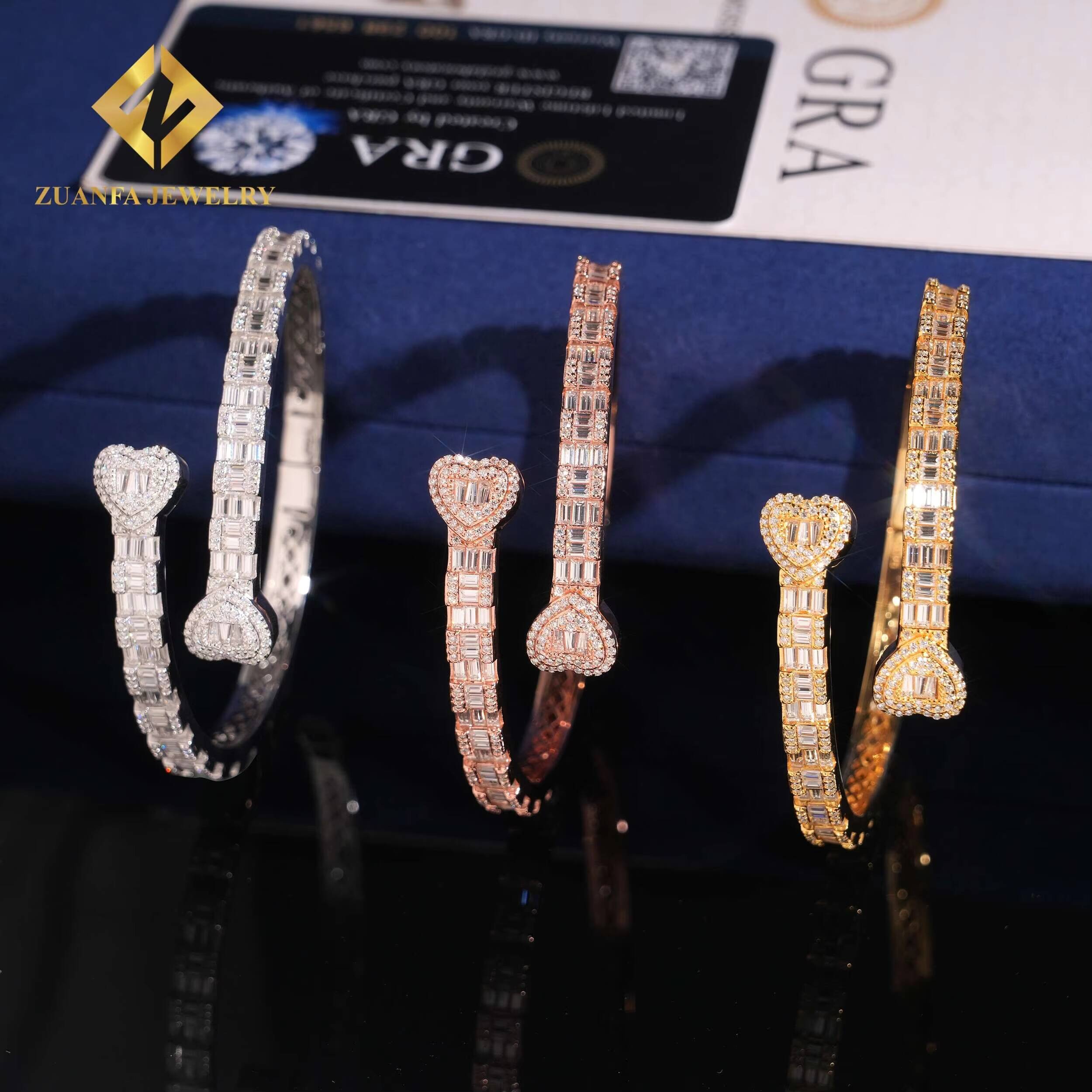 925 Sterling Silver Ajustable Openable Double With Heart Bangle Bracelets Baguette Diamond Vvs Moissanite Fashion Hip Hop Men
