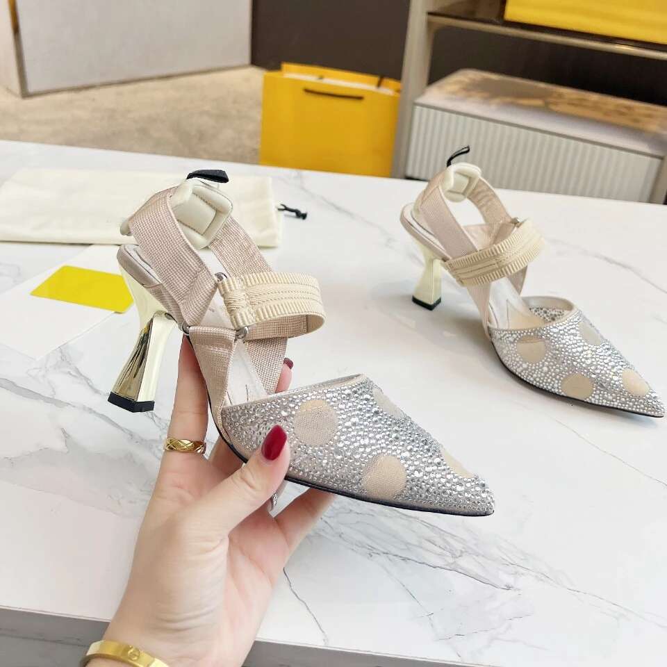 Women Size35-42 Genuine Leather Crystal Pumps Super High Heels Mesh Sandals Pointed Toe Designer Shoes atillas De Mujer