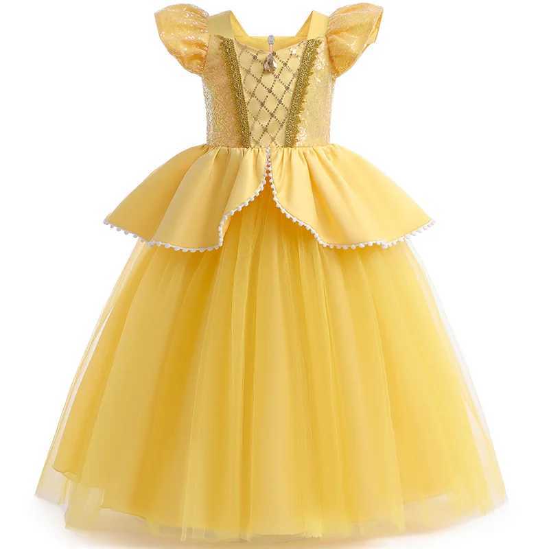 Disney 2024 Girl Belle Dress Up Flower Childrens Party Princess Costume Childrens Beauty and Beast Halloween Carnival CostumeXJ250420