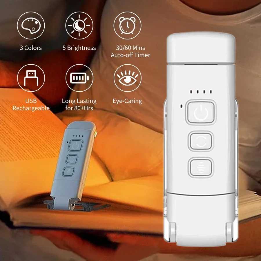 USB Rechargeable Reading Light Portable Clip-on LED Bookmark Lamp 3 Colors 5-Level Brightness Mini Book Light for Book Lovers M251120