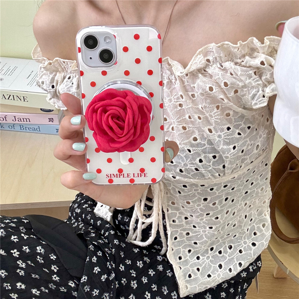 Red Polka Dot Phone Case Compatible with iPhone 16/15/14 Pro INS Niche Simple Magnetic Stand iPhone 13