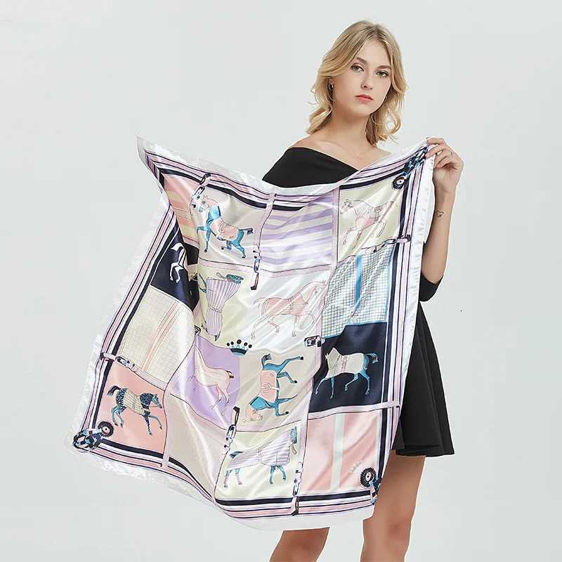 Europe 2022 Spring Lattice horse 9090cm Lmitation Silk Large Square Scarf Womens Accessories Head Scarf Beach Shawl ScarfT251120