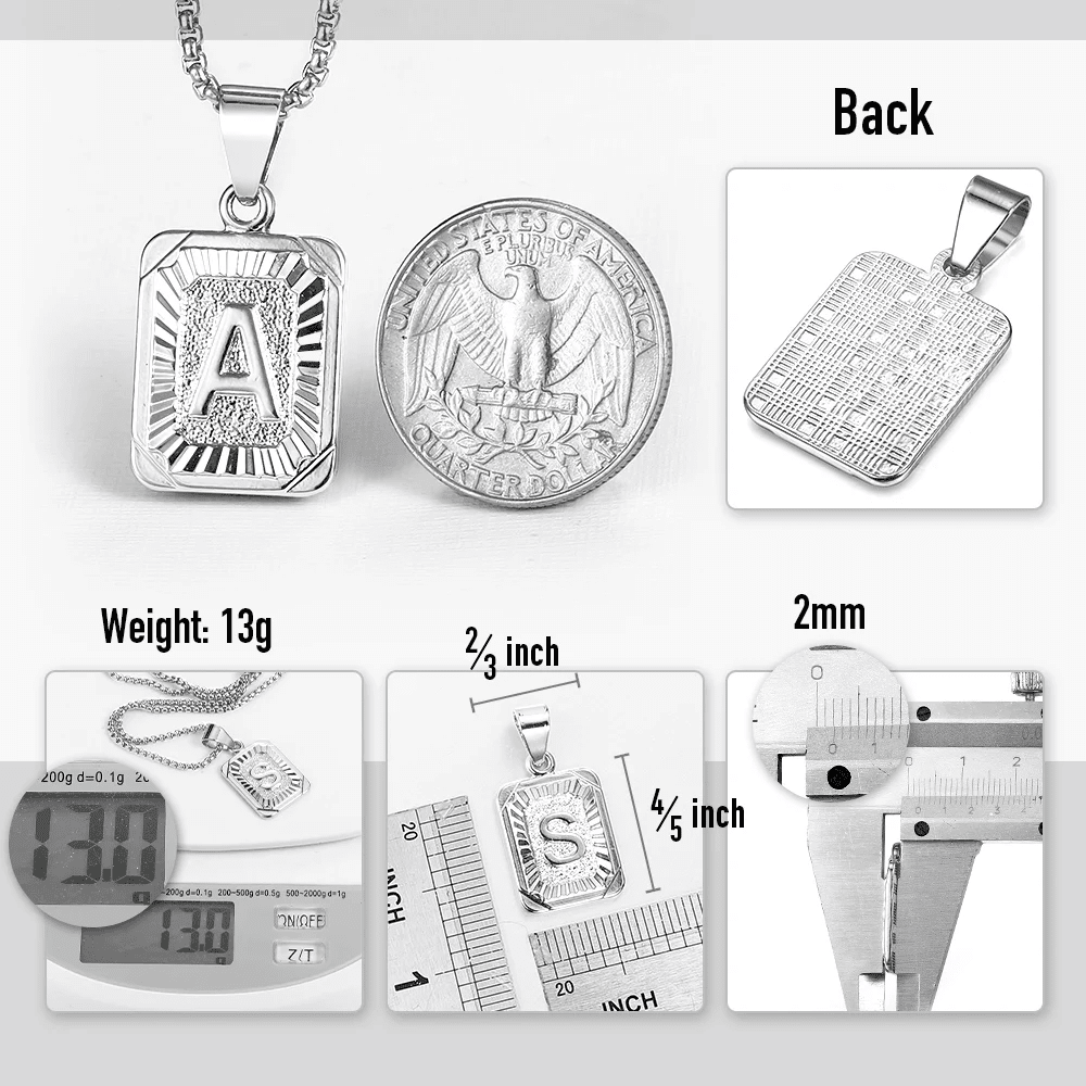 1pc Stainless Steel Square Initial Letter Necklace for Men Women Charms Silver Color Name A-Z Pendant with Cuban Chain