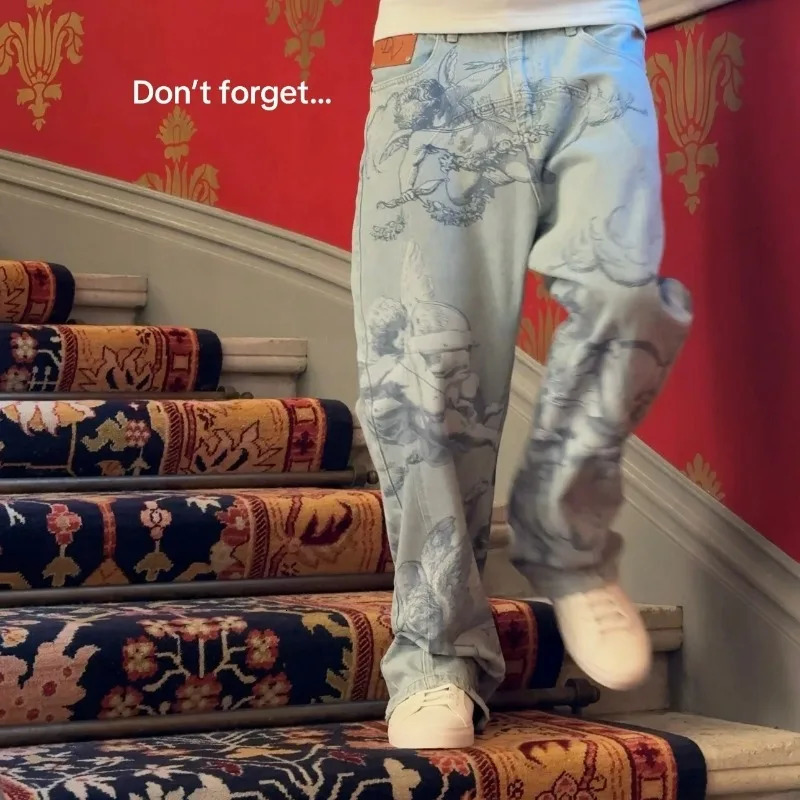 Y2k Retro Baggy Jeans Trendy Cupid Angel Pattern Men Women Pants American Hip Hop Streetwear Unisex Casual Straight Leg 251120 11