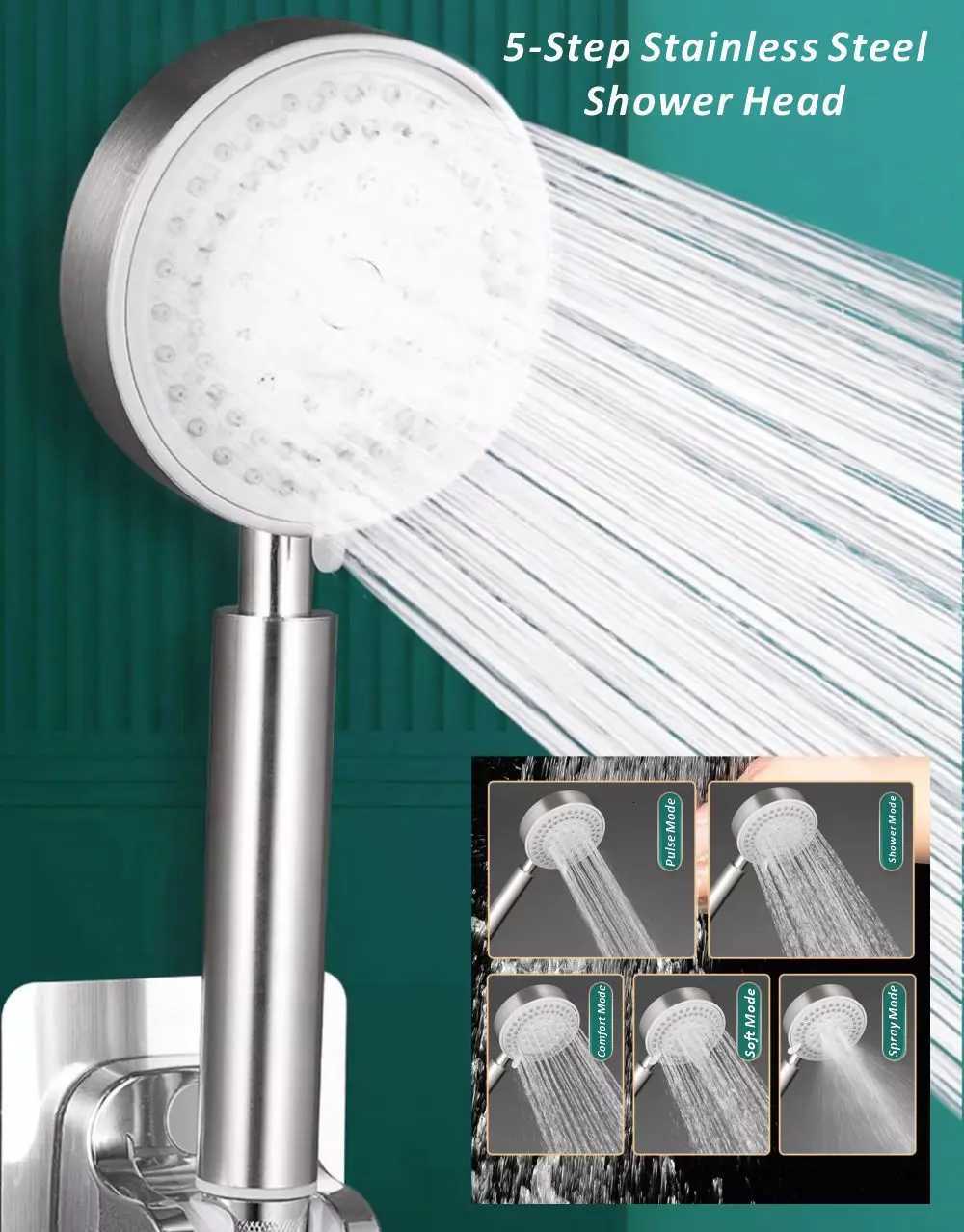 New 304 Stainless Steel Shower Head 5 Modes High Pressure Large Panel Water Saving Sprayer Rainfall Faucet Bathroom AccessoriesM251120