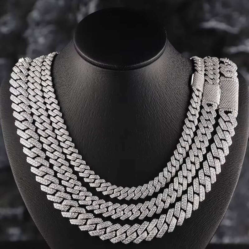 8mm 10mm 12mm Necklace Men's Hip Hop Double Row Vvs Sier Silica Stone Cuban Chain