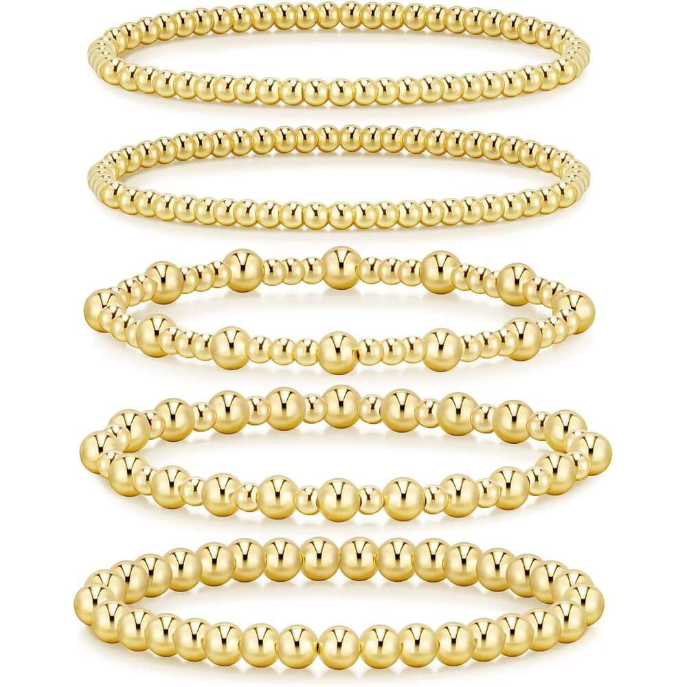Women, 14K Plated Beaded Bracelets Gold Strand Bead Ball stack Adjustable Bracelet Set Jewelry for Gifts