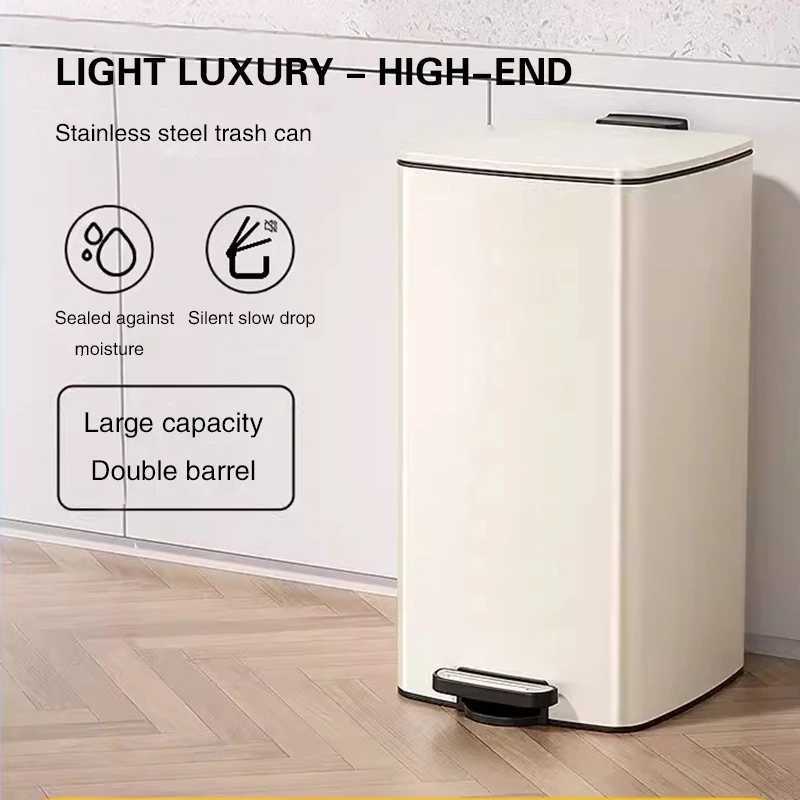 6L Square Thin Lid Trash Can Stainless Steel with Double Inner Outer Buckets for Living Room Kitchen and Office Storage C251120