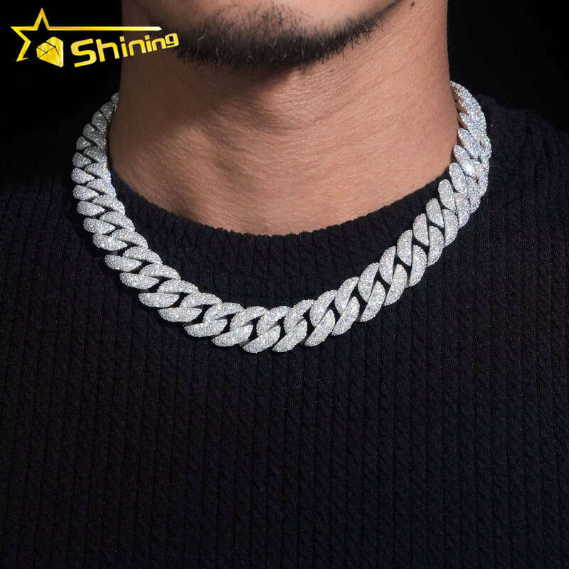 US Warehouse Fast Shipping 15mm Sterling Sier Hip Hop Jewelry Iced Moissanite Mosaic Inlaid Cuban Chain