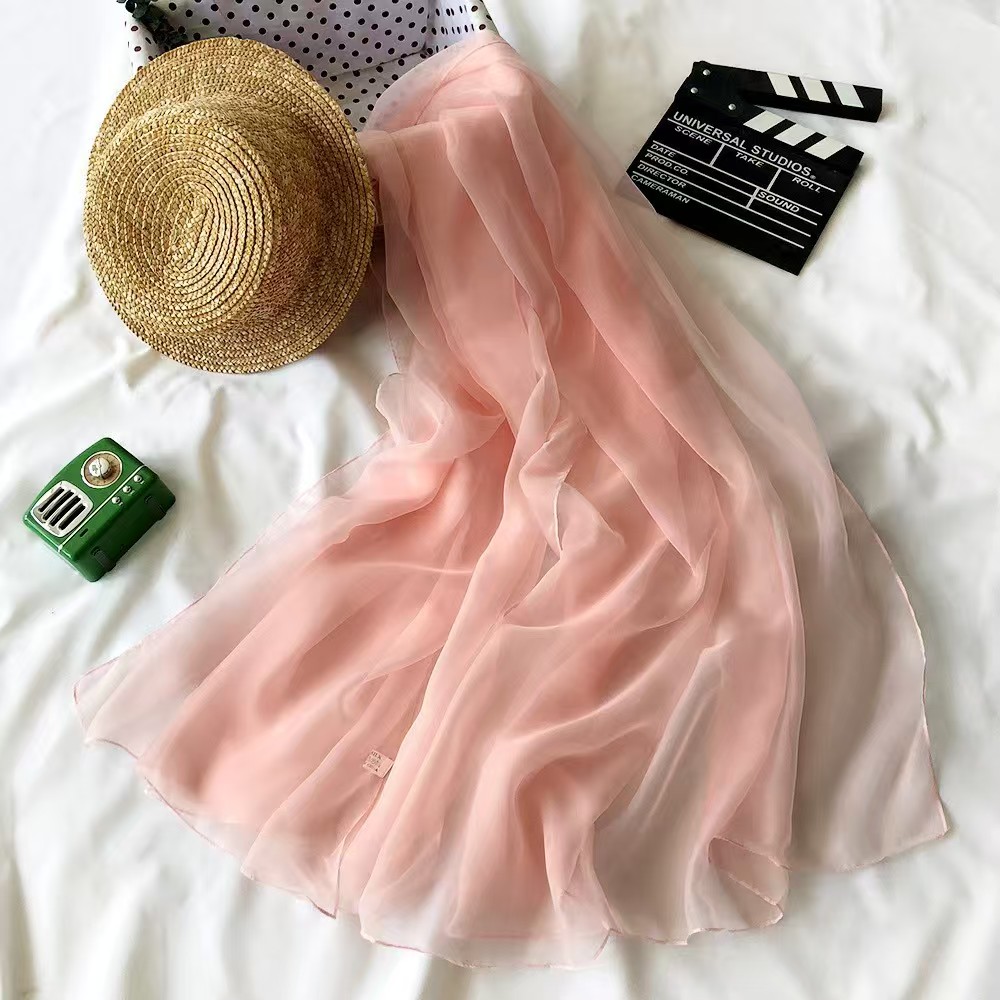 K457 Summer women's silk scarf sunscreen beach towel solid color long silk scarf wholesale new style lengthened imitation silk neck scarf thin