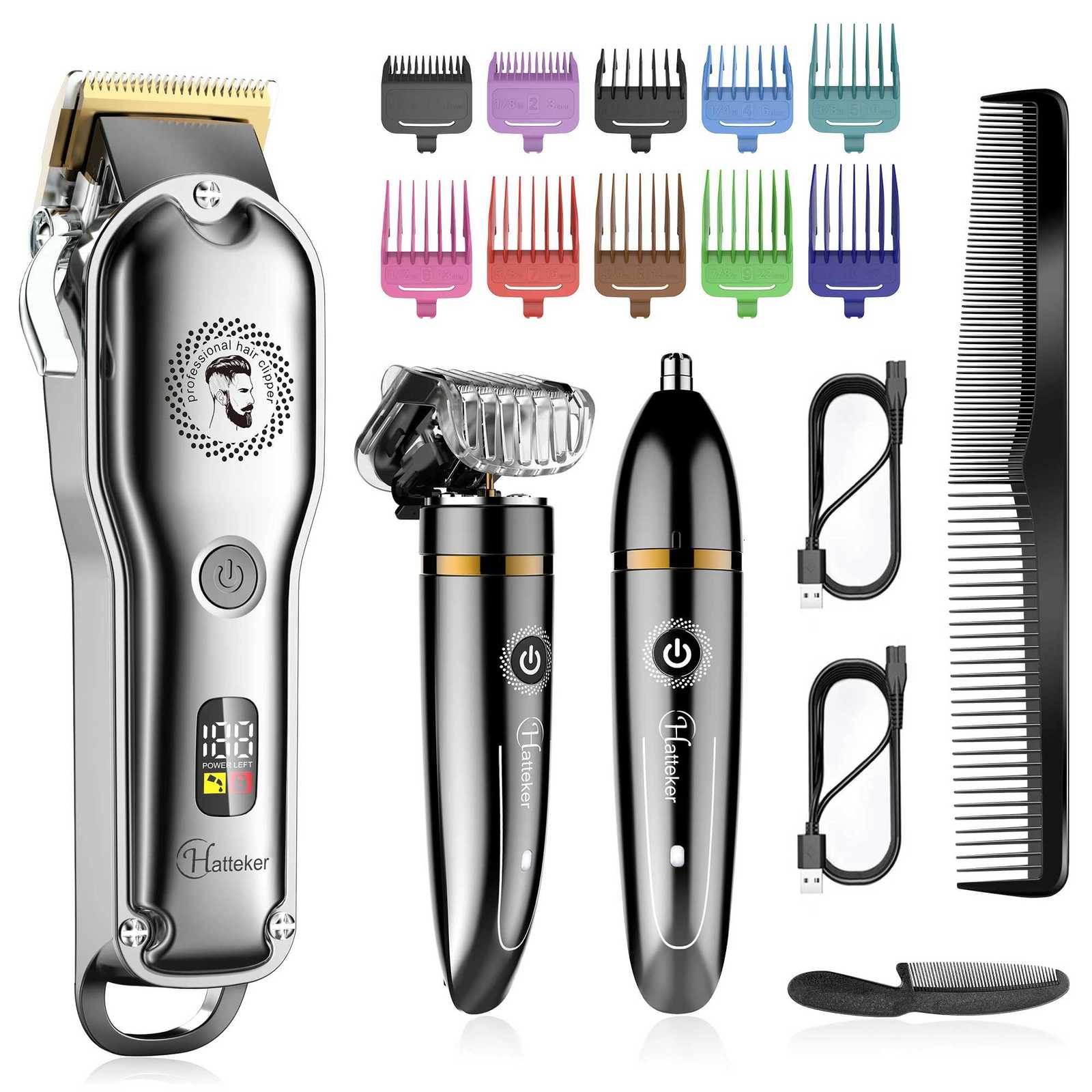 HATTEKER Professional Hair Trimmer Kit Barber Shop Strong Power Beard Clipper USB Rechargeable Waterproof 3 Pieces Suit RFC-696T251120