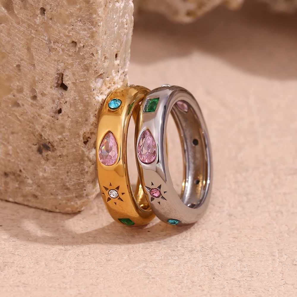 E. Bell Rectangular Droplet Geometric Zircon Ring Hypoallergenic 18K Gold-Plated 316L Stainless Steel Decoration Y250419