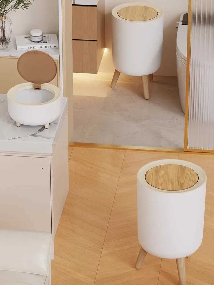 Home Kitchen Bathroom Large Capacity High-Rise Trash Can with Lid Retro Chinese Style Wood Grain Toilet Paper Basket C251120