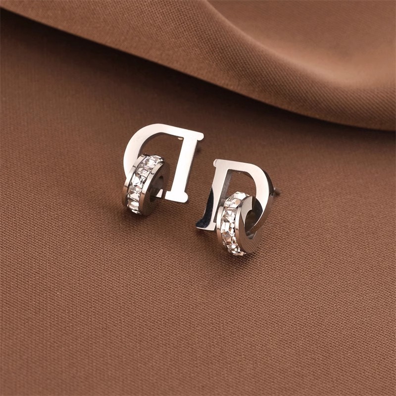 Luxury Brand Designer Jewelry Korean Style Letter D Square Diamond Earrings Dynamic Double Ring Rose Gold Titanium Steel Earrings Real Gold Plating Te