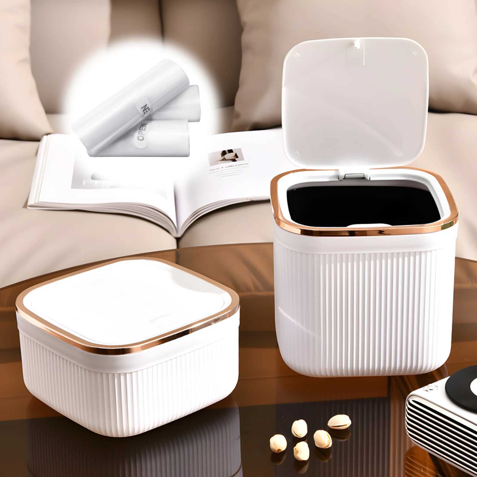 Press on desktop trash can rose gold edged office high aesthetic pop-up lid countertop trash can C251120