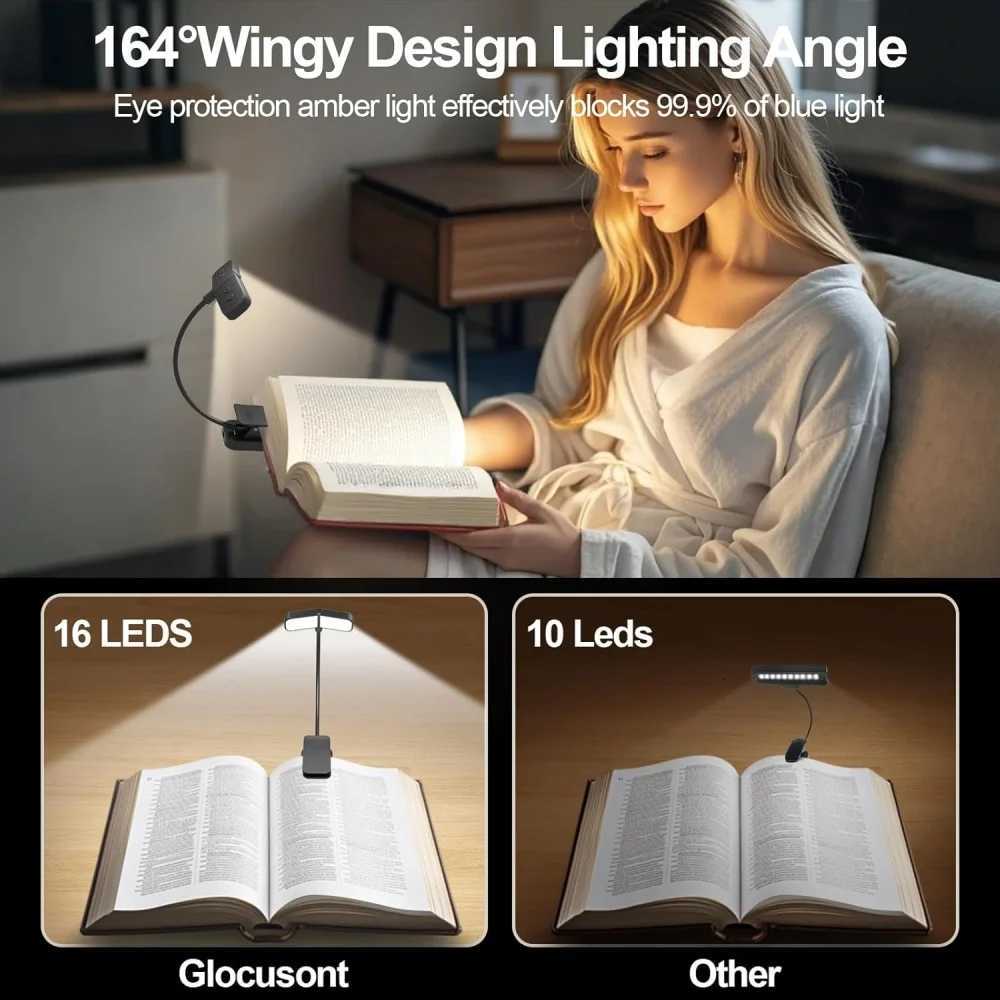 16 LED Wingy Book Light Rechargeable Book Lamp Reading Light in Bed 3 Color Temperatures Dimming Brightness Read Light Read Lamp M251120