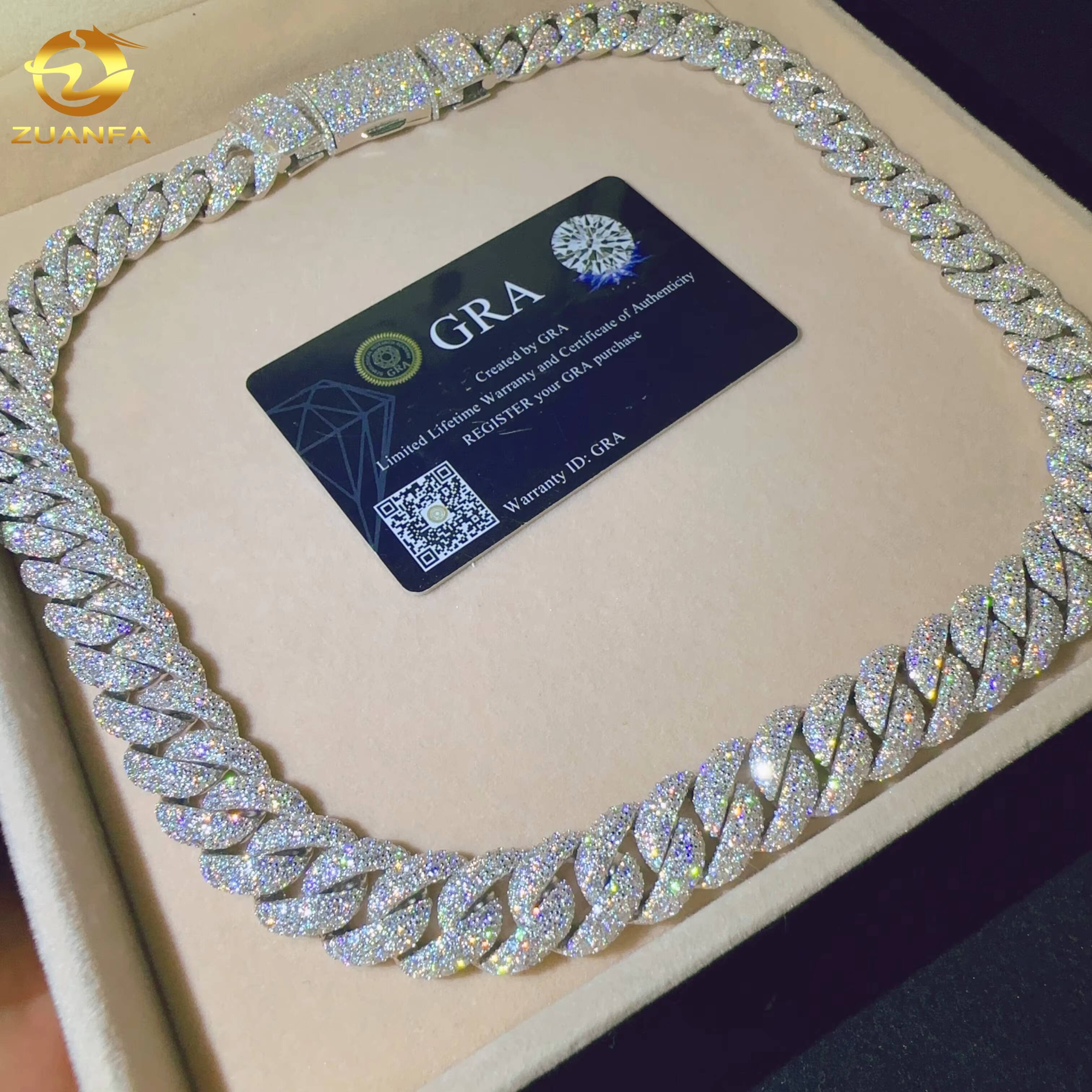 Hip Hop Jewelry Men Cuban Necklace Sterling Silver 925 D Color VVS Moissanite Diamond 15MM Width Cuban Link Chain