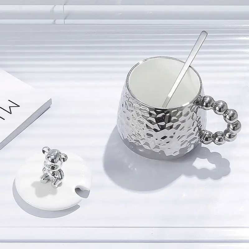 European Style Couple Ceramic Coffee Cup Galvanized Silver Bear Mug Gift Office Teacup Living Room Breakfast Mug Home Decoration T260428