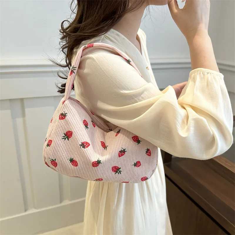 Women Small Corduroy Handbag Cute Strawberry Print Little Tote Underarm Bag Half Moon Design Eco Cloth Purse Mini Shoulder Bags XJ250610