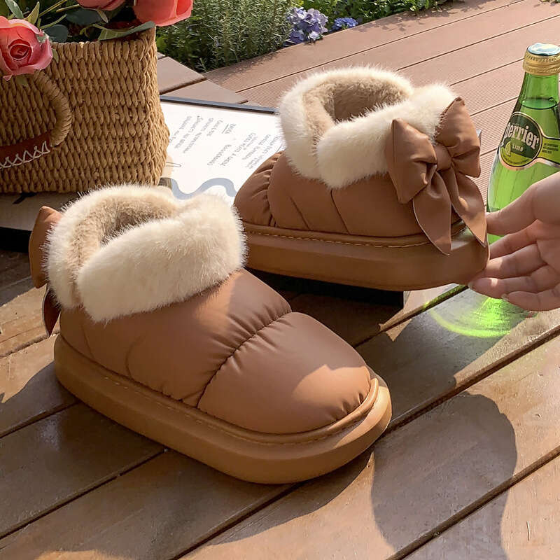 Bowknot Slippers for Women Winter Heel Cover Fleece Lined Cotton Shoes 2023 New Ins Style Girl's Warm Thick Sole Outdoor Wear