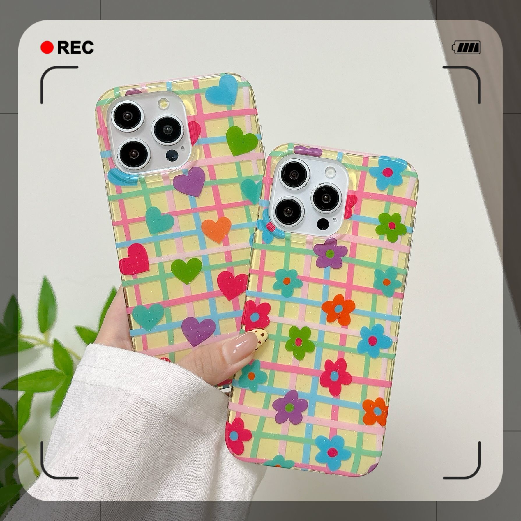 Colorful Plaid Flower Heart Phone Case Suitable iPhone 16/15 Pro Max INS Half Cover for iPhone 14/13 Pro