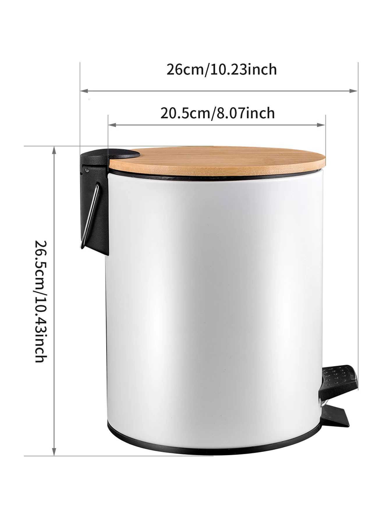 Room White Round Metal Trash Can with Bamboo lid and Pedal 5L Garbage Container Bin with Removable Inner Wastebasket Bathroom C251120