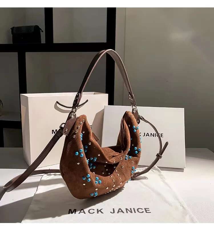 Autumn Winter Veet Fashion Moon Beads Beaded Women's Handbag Lady Purse Female Shoulder Messenger Casual Bag