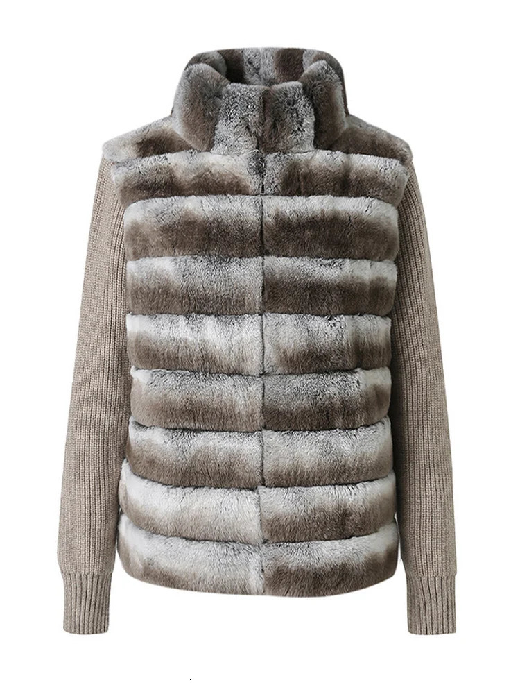 Chic Faux Fur Patchwork Coat Women Knitted Sleeves Stand Collar Zipper Sweater Female 2025 Autumn Winter Casual Lady Cardigan251120