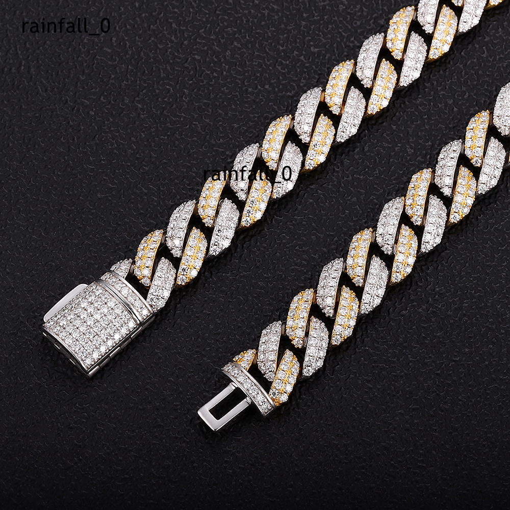 Two 2 Tone Yellow and White 10mm VVS Moissanite 925 Silver 2 Row Cuban Link Chain Necklace GRA Certificate Hip Hop Jewelry