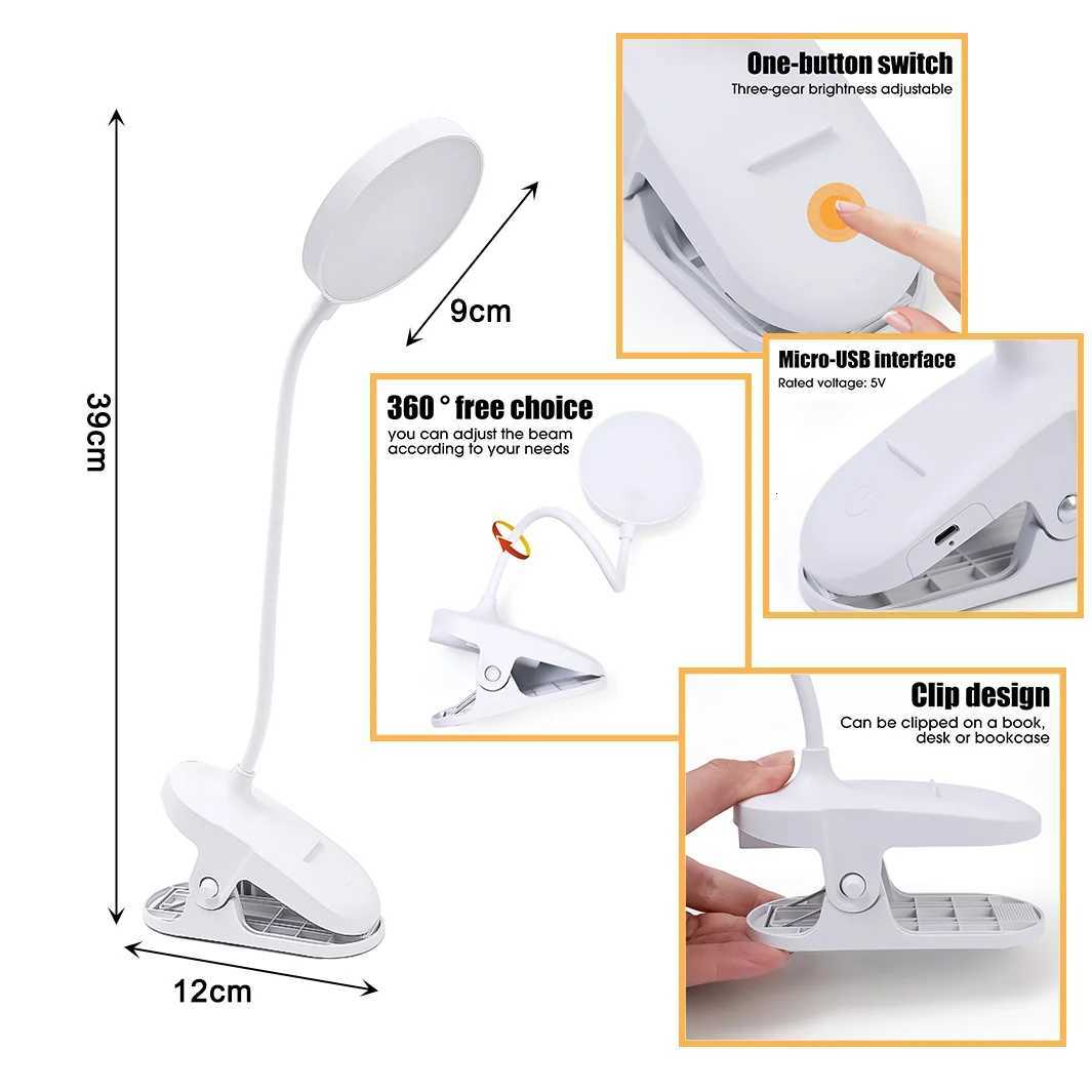 360 Flexible LED Table Lamp with Clip 3 Brightness Dimming Study Eye Protection USB Plug In Bedside Night Light Study Read Work M251120