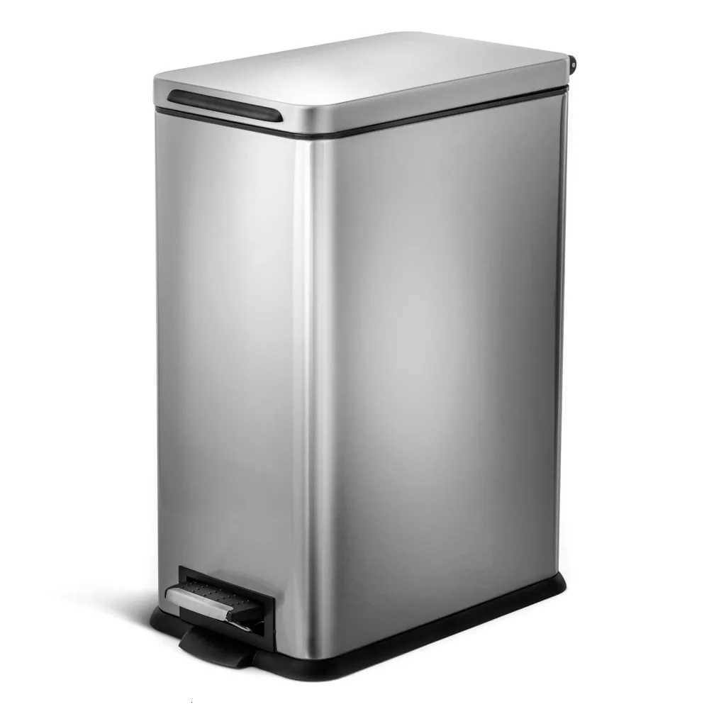 8 Gallon Slim Kitchen Trash Can with Soft Close Lid Step Pedal Bag Tuck Band and Removable Liner StainlSteel Silver C251120