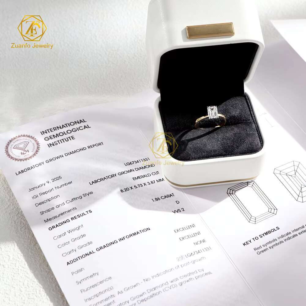 High Quality 14K 18K Gold Solitaire Jewelry IGI Certified CVD D VVS2 1.86CT Emerald Cut Lab Grown Diamond Engagement Ring