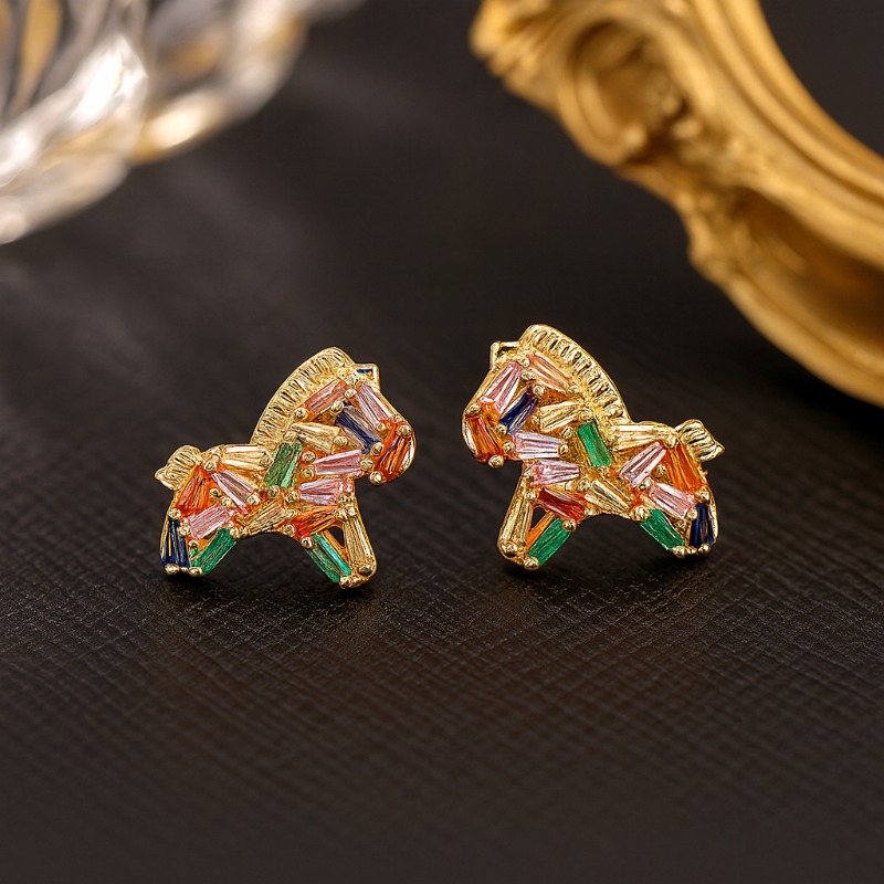 Colorful Crystal Zircon Horse Stud Earrings for Women, Luxury High-End 2025 Autumn Winter New Fashion Versatile Earrings, Perfect Gift Choice H260202