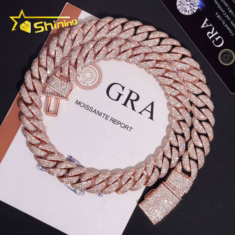 Hip Hop Accessories Men's 15mm Rose Gold Mosaic Set Silicon Stone Sier Cuban Chain