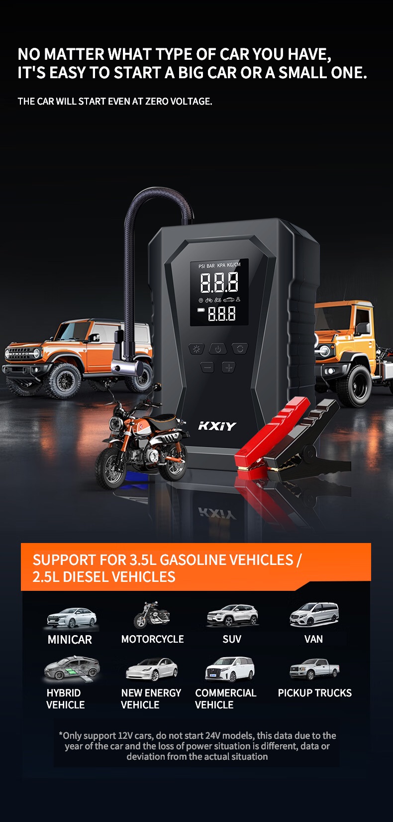 Wireless car air compression starter with air compression function, emergency battery start power supply, 12V car charger (8.0L gasoline/diesel)