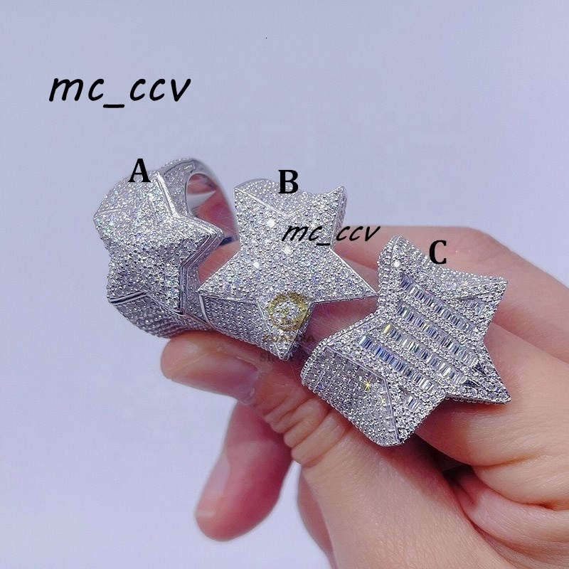 Sterling Silver 925 White Gold Plated Iced Out Hip Hop Men Fashion Vvs Moissanite Star Ring