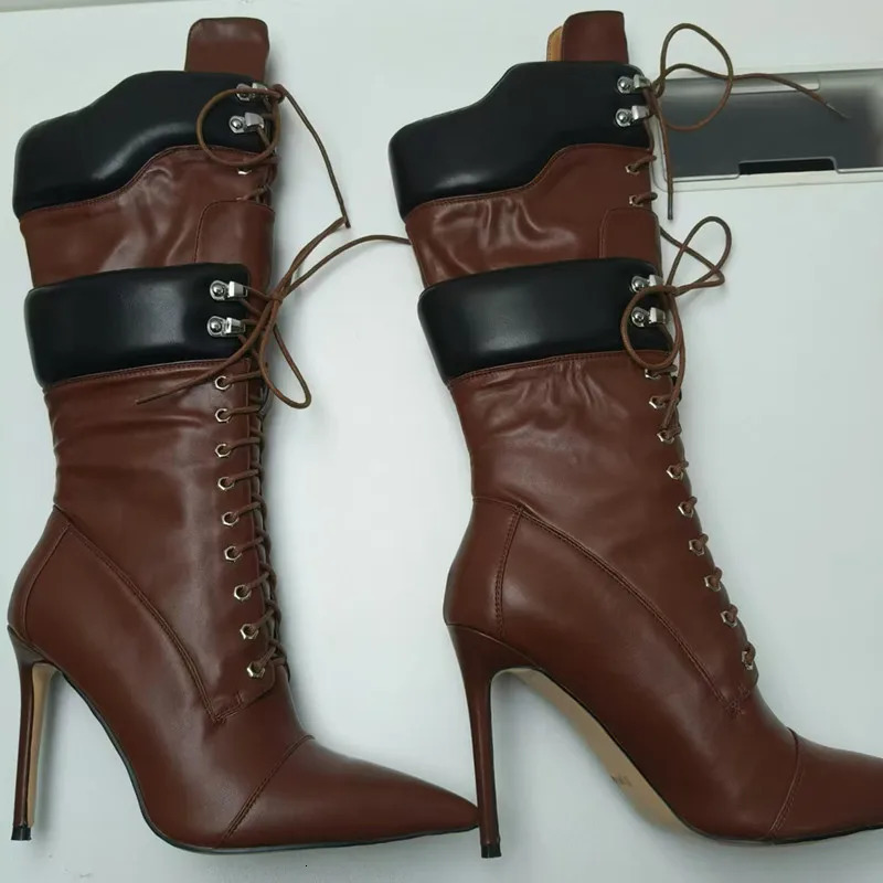 Autumn Womens Winter High Boots Lace Top Corner Toe Thin Botas Inkless Double layer Sexy Small Leg 250420