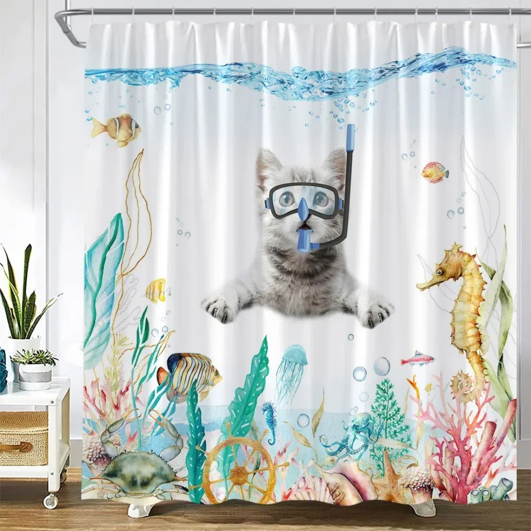 YL-37756 Shower curtain with funny cat design, bathroom decoration, waterproof, digitally printed, toilet moisture-proof partition curtain