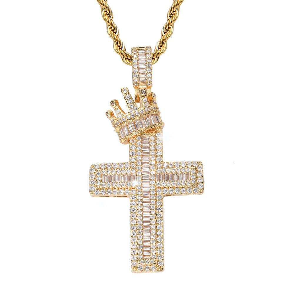 Luxury designer Crown Cross with real gold plated sterling silver set Ice out VVS Moissanite Hip Hop Men Women Necklace Pendant Free shipping