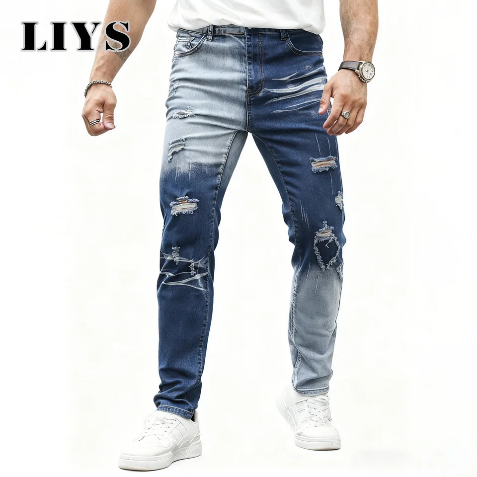 Mens Personalized Street Color Blocked Patchwork Jeans Straight Slim Denim HighQuality Four Seasens Elastic Pants 251218