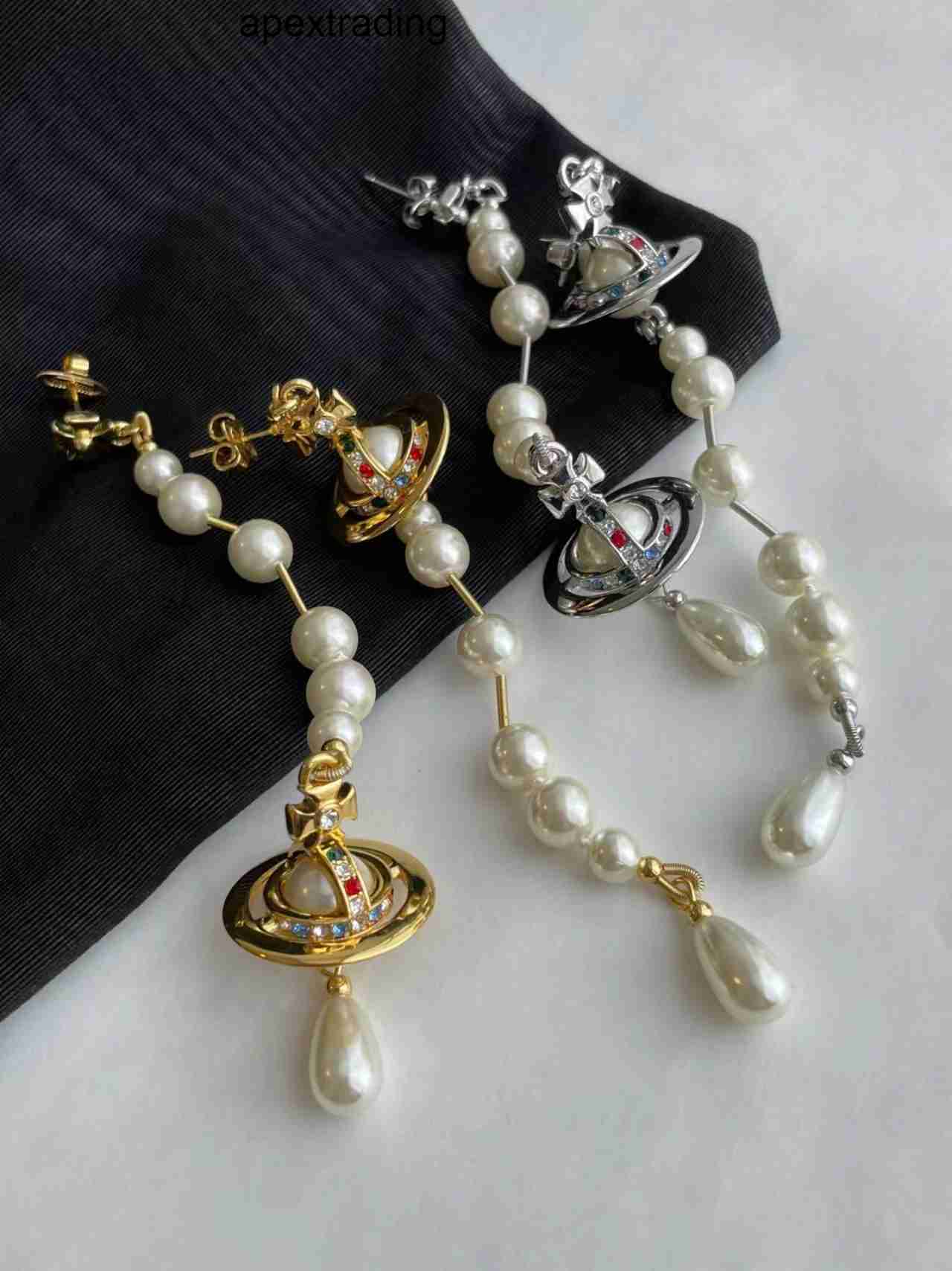 Vivienme''viviennenlies Designer Westwood Western Empress Dowager Vw Asymmetrical Pearl Three Dimensional Saturn Earrings Nana Punk E7HH