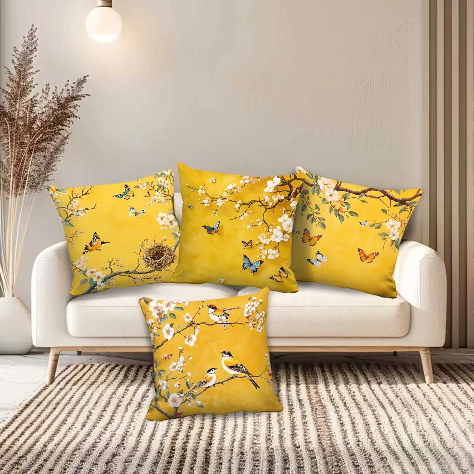 Pillow Case 4Pcs Spring Blossom Covers - Elegant Peach Flower Butterfly Design for Living Room/Bedroom Decor C251120