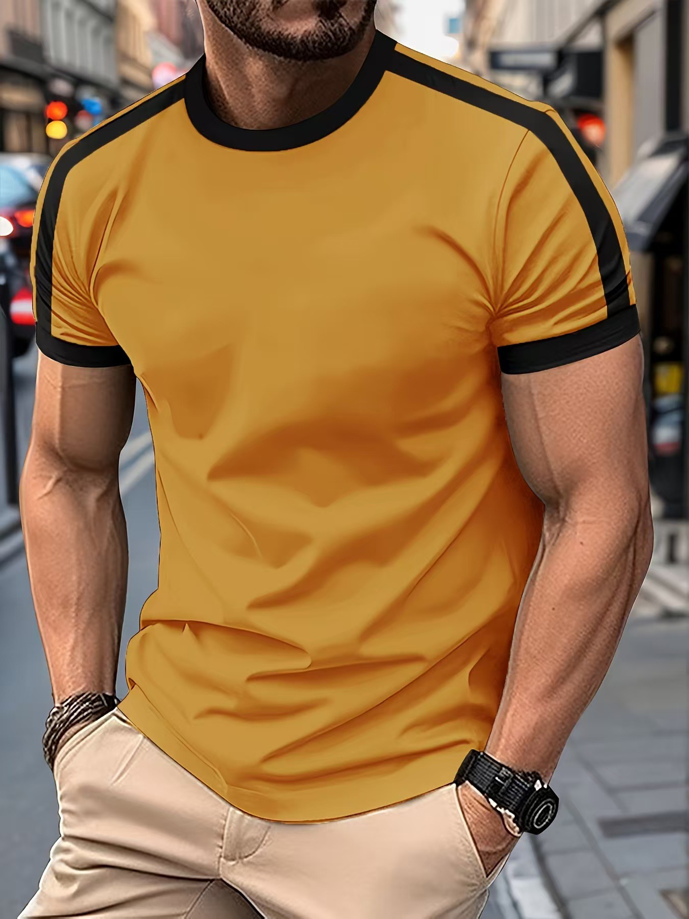 New Summer Elastic Casual Short-Sleeved Men's Daily Party Home Social Color matching T-Shirt Solid Color Vintage Streetwear Top R250420