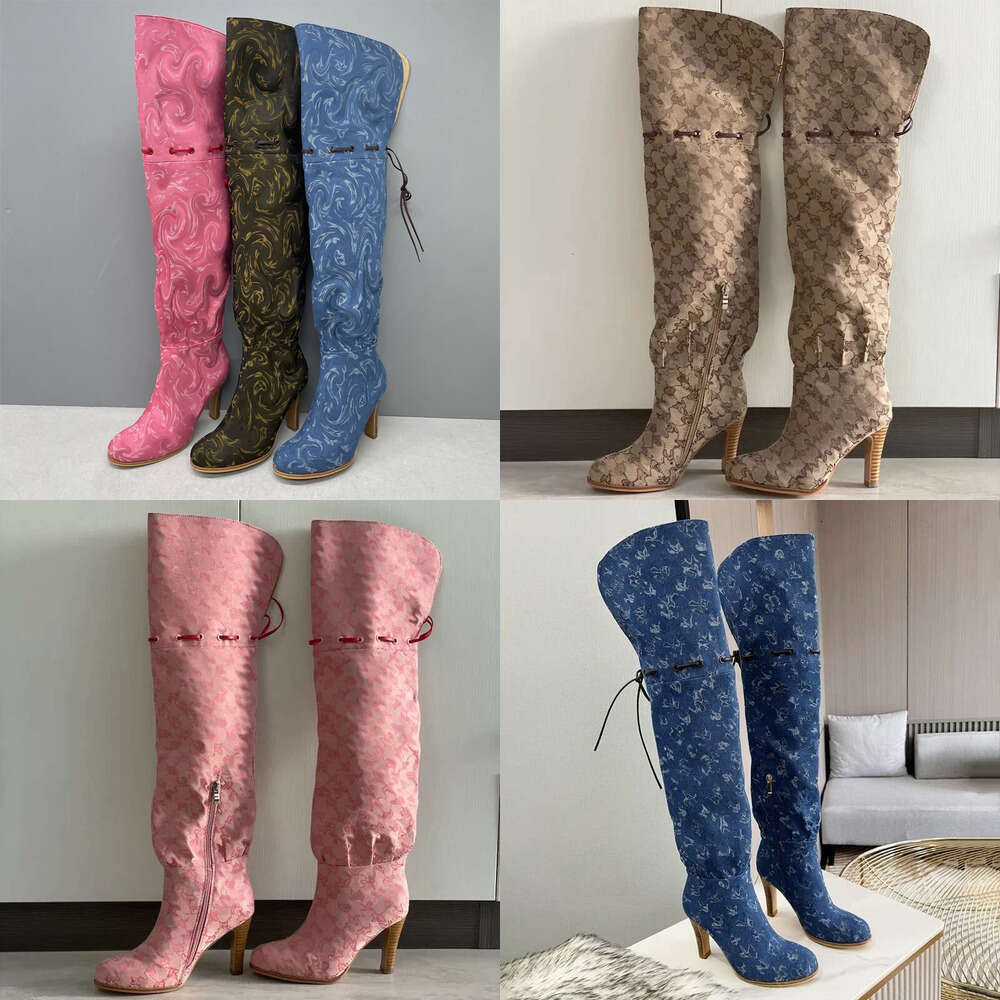 designer womens Over the Knee Canvas Zipper Adjustable Straps Stiletto Heel Casual ShoesLuxury knee high boot Round Toes Winter Fashion Thigh-High Boots women shoe