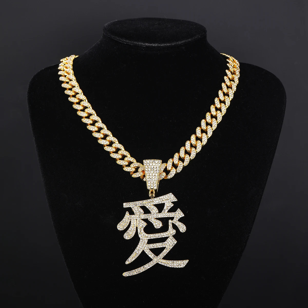 Chinese character Love pendant ice out 13MM Cuban chain hiphop fashion jewelry 250420