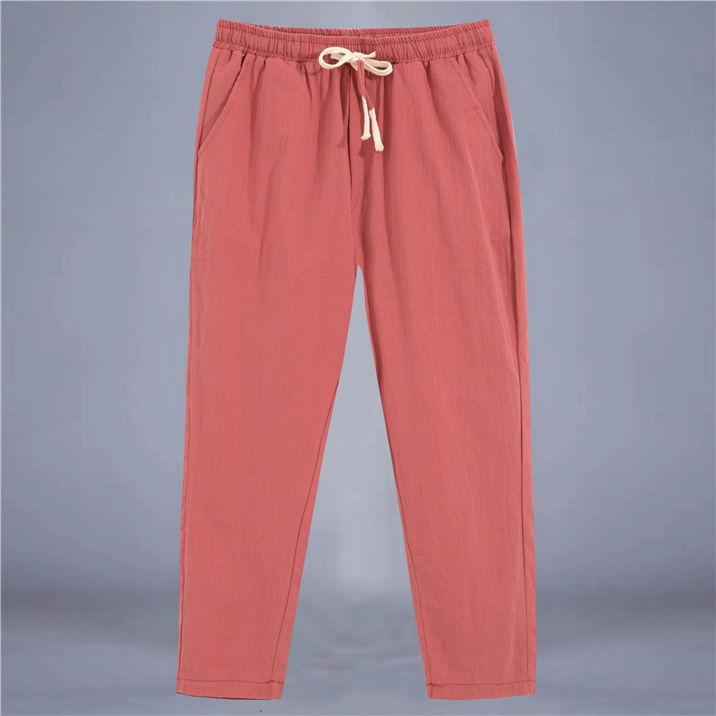Summer Mens Thin Casual Linen Pants Trendy Youth Loose Fashion Solid Color Cotton and Hemp Haren Nine Part Pants 201031