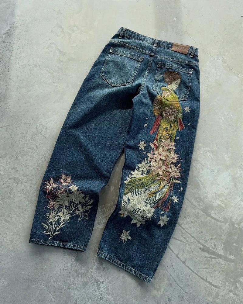 Women's Jeans Y2K Vintage Art Embroidery Unisex Retro Distressed Wide Leg Denim Pants Streetwear Casual Fashion Trousers Z260313