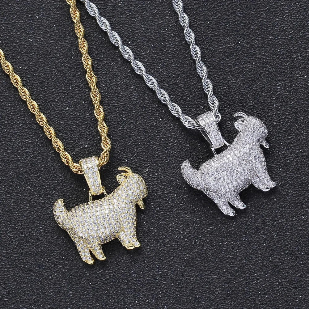 Fashionable Hip Hop Animal Goat Pendant Necklace for Men Cuban Chain Ice Sparkling Micro Paving CZ Punk Rock Bicycle Jewelry 250420